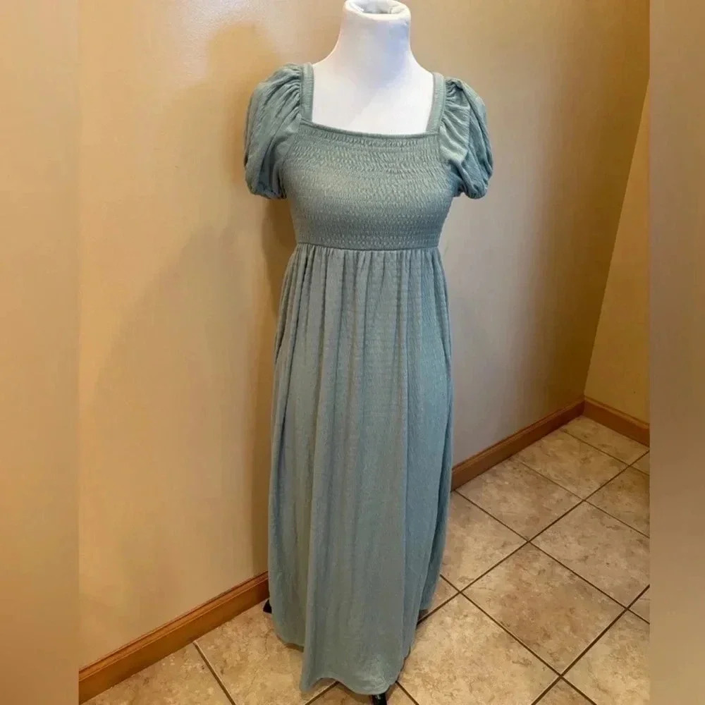 Poof New York Women’s Green Maxi Dress with Puff Sleeves Cottagecore Large